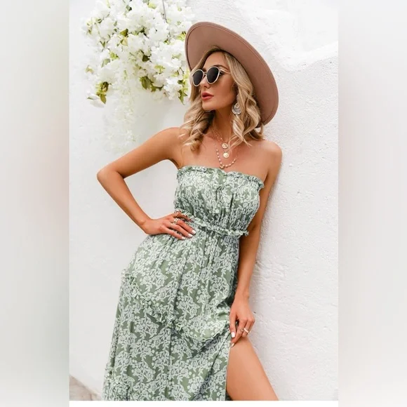 Simplee Olive Green and White Floral Strapless Tiered Maxi Dress with Slit SZ M - Picture 2 of 6